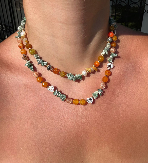 Doğal Karneol/ Sitrin /Dalmaçyalı Jasper /Pembe Kuvars Taşlı Ve Gerçek İnci Kolye