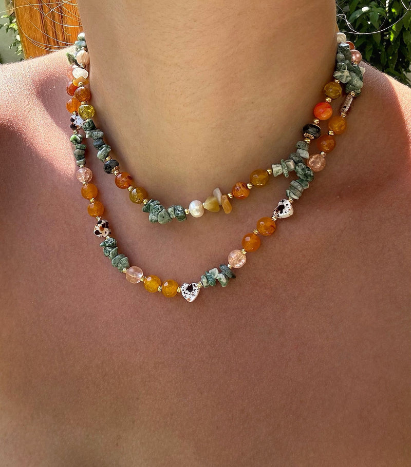 Doğal Karneol/ Sitrin /Dalmaçyalı Jasper /Pembe Kuvars Taşlı Ve Gerçek İnci Kolye