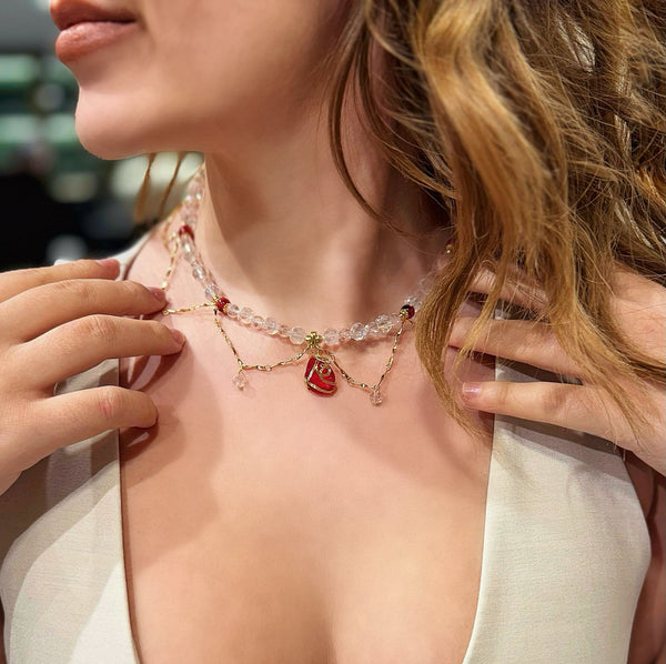 Doğal Mercan Ve Kristal Taşlı Kolye