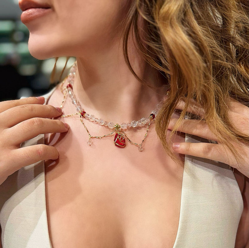 Doğal Mercan Ve Kristal Taşlı Kolye
