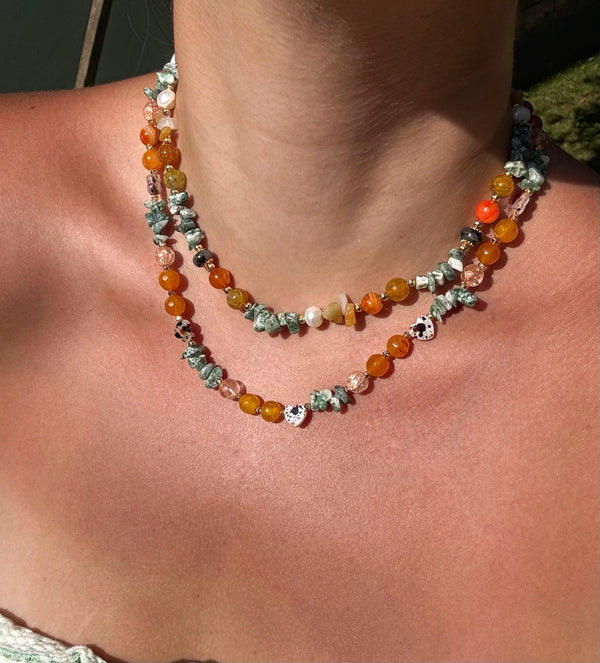 Doğal Karneol/ Sitrin /Dalmaçyalı Jasper /Pembe Kuvars Taşlı Ve Gerçek İnci Kolye