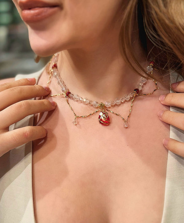 Doğal Mercan Ve Kristal Taşlı Kolye