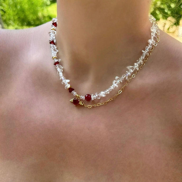 Kalpli Çelik Zincirli Doğal Kristal Taşlı Kolye